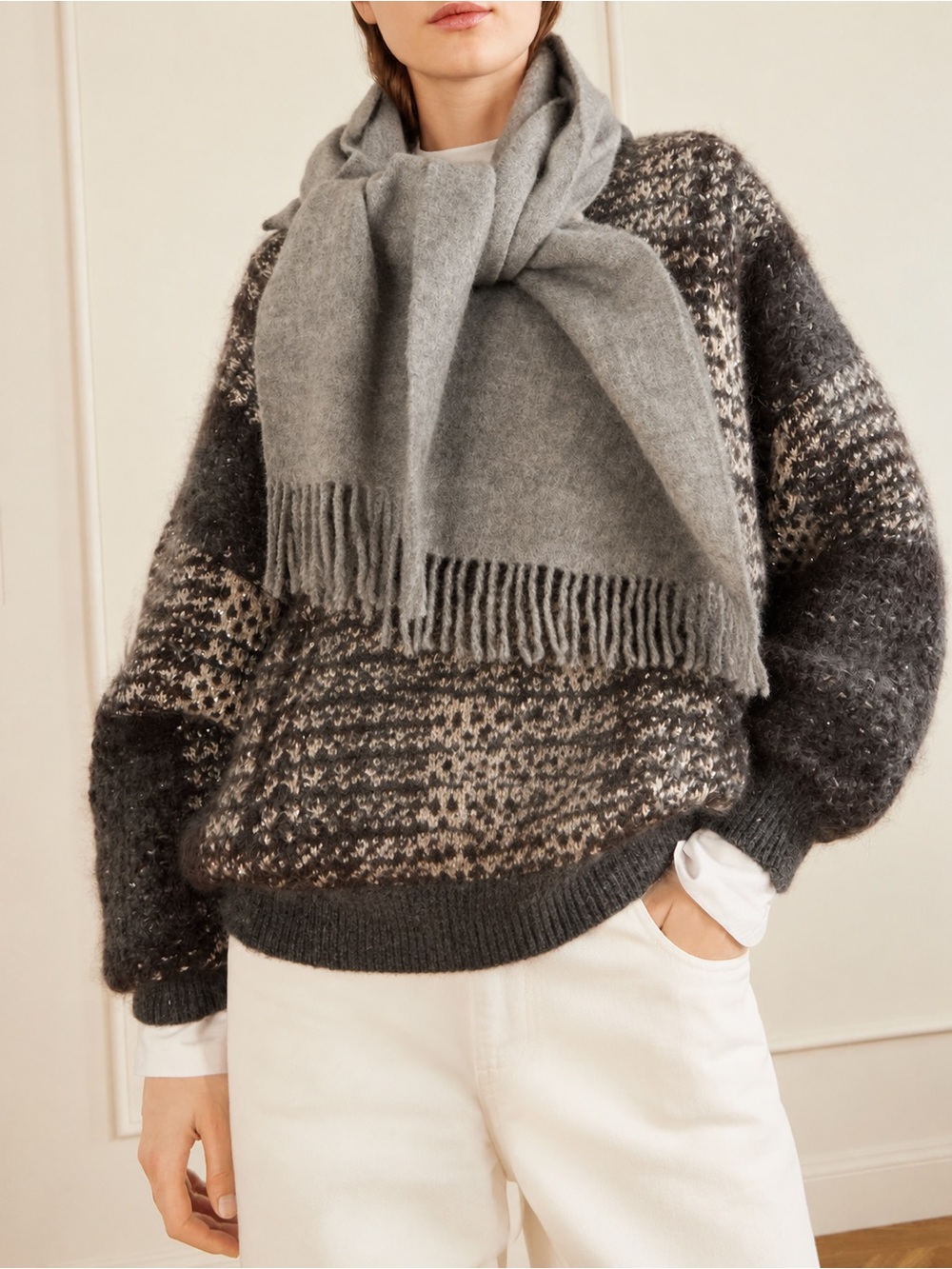 SOL Baby Alpaca 12 x 58 Gray Oatmeal Fringe Scarf Peru